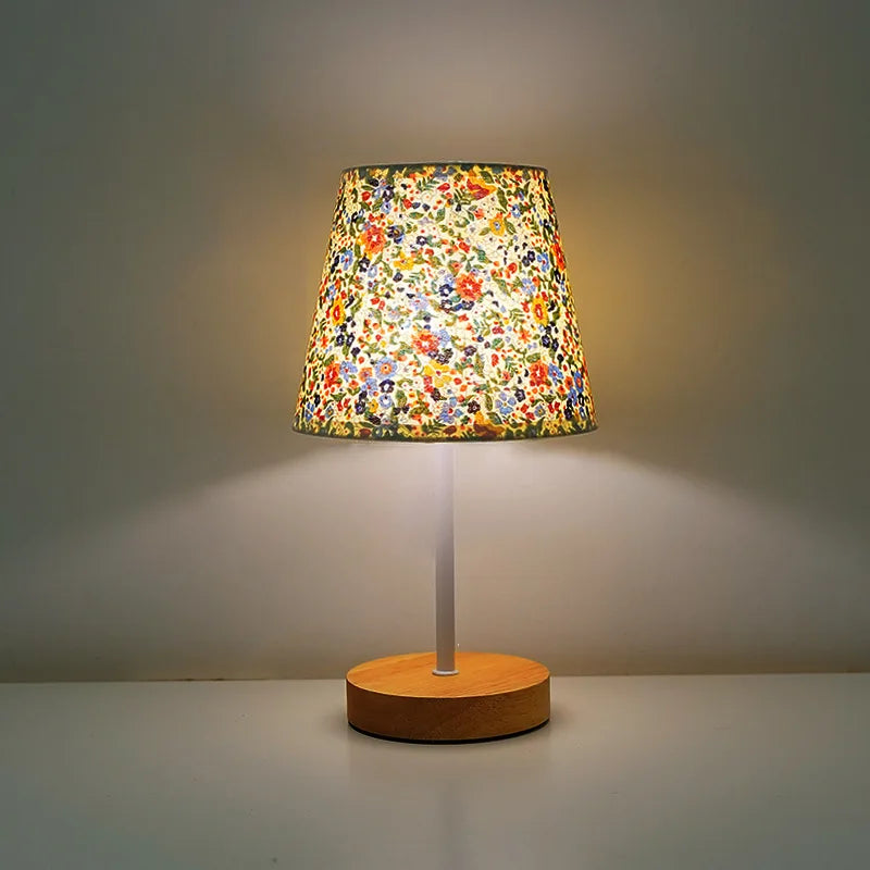 Fabric LED Desk Lamp USB Rechargeable Dimmable Wrought Iron Wood Base Bedside Night Light for Bedroom Study Dormitory