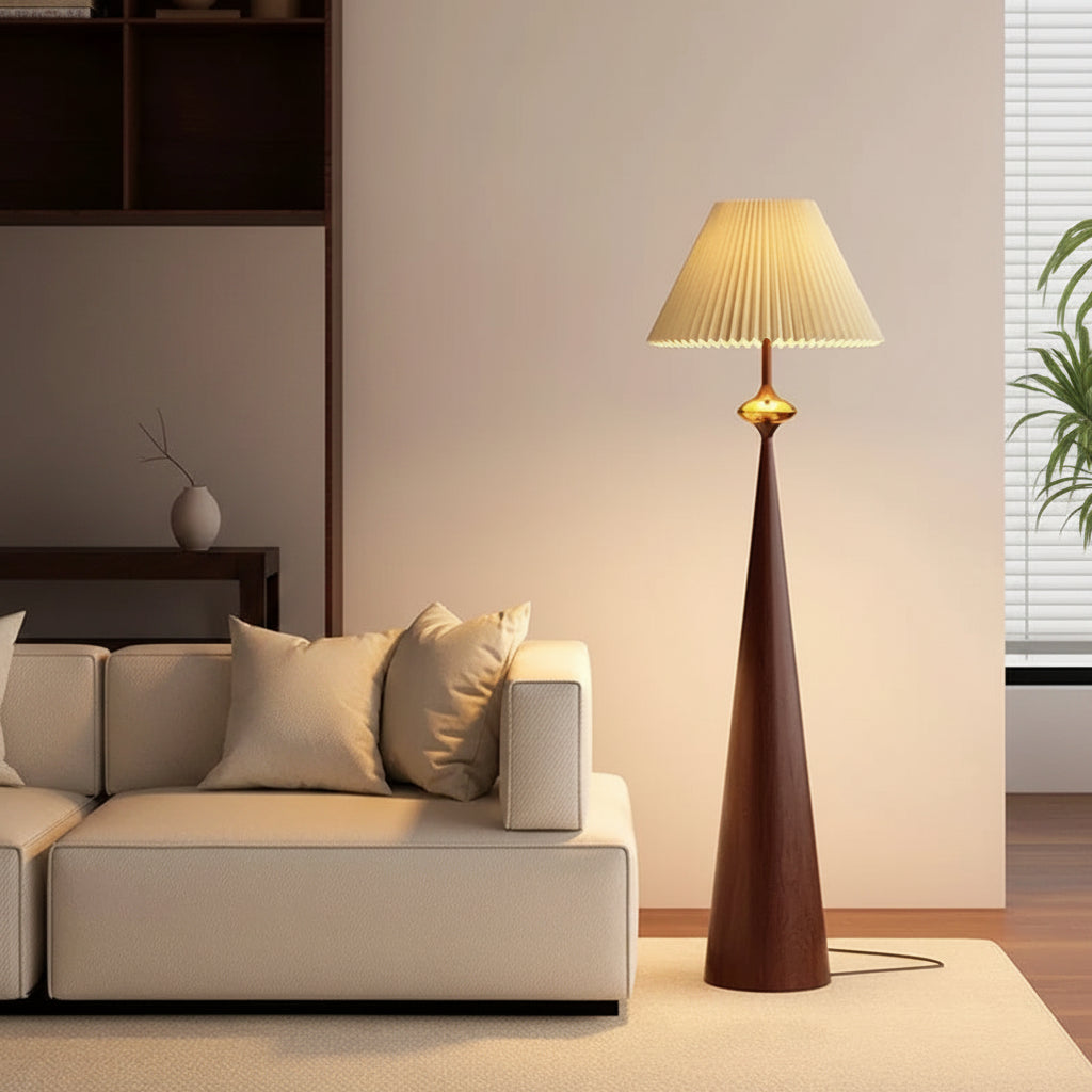 French Medieval Fabric Walnut LED Floor Lamp for Bedroom Living Room and Apartment