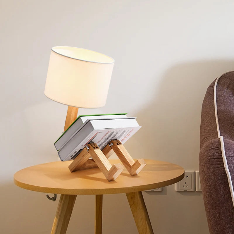 Wooden Robot Shape E27 LED Table Lamp Nordic Desktop Night Light for Study and Bedroom
