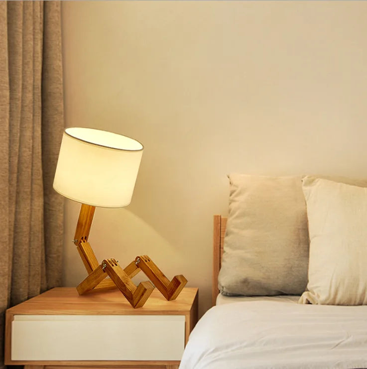 Wooden Robot Shape E27 LED Table Lamp Nordic Desktop Night Light for Study and Bedroom