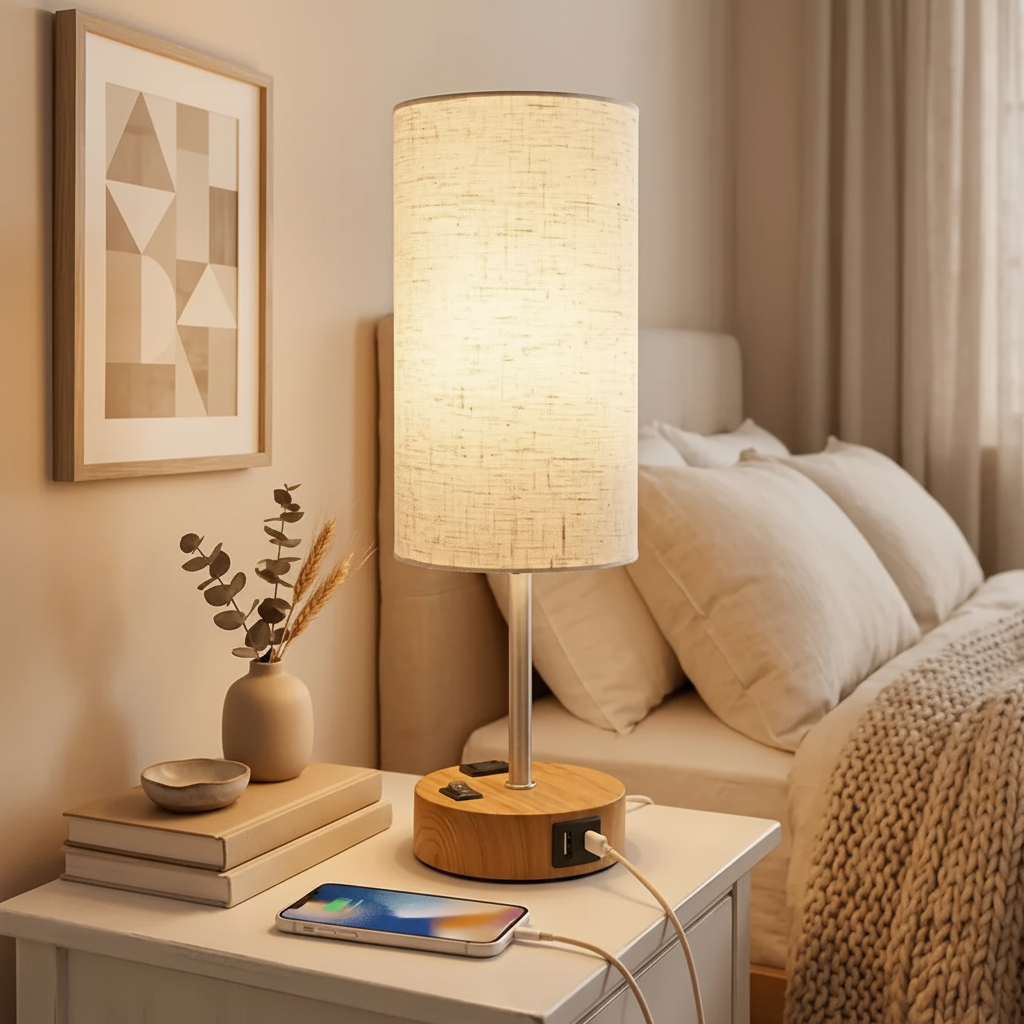 Dimmable LED Table Lamp with USB Charging Port and AC Outlet for Bedroom and Living Room
