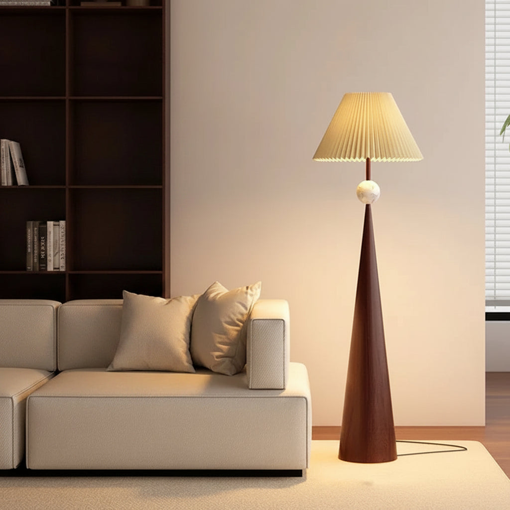 French Medieval Fabric Walnut LED Floor Lamp for Bedroom Living Room and Apartment