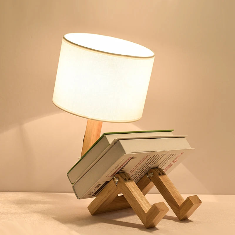 Wooden Robot Shape E27 LED Table Lamp Nordic Desktop Night Light for Study and Bedroom