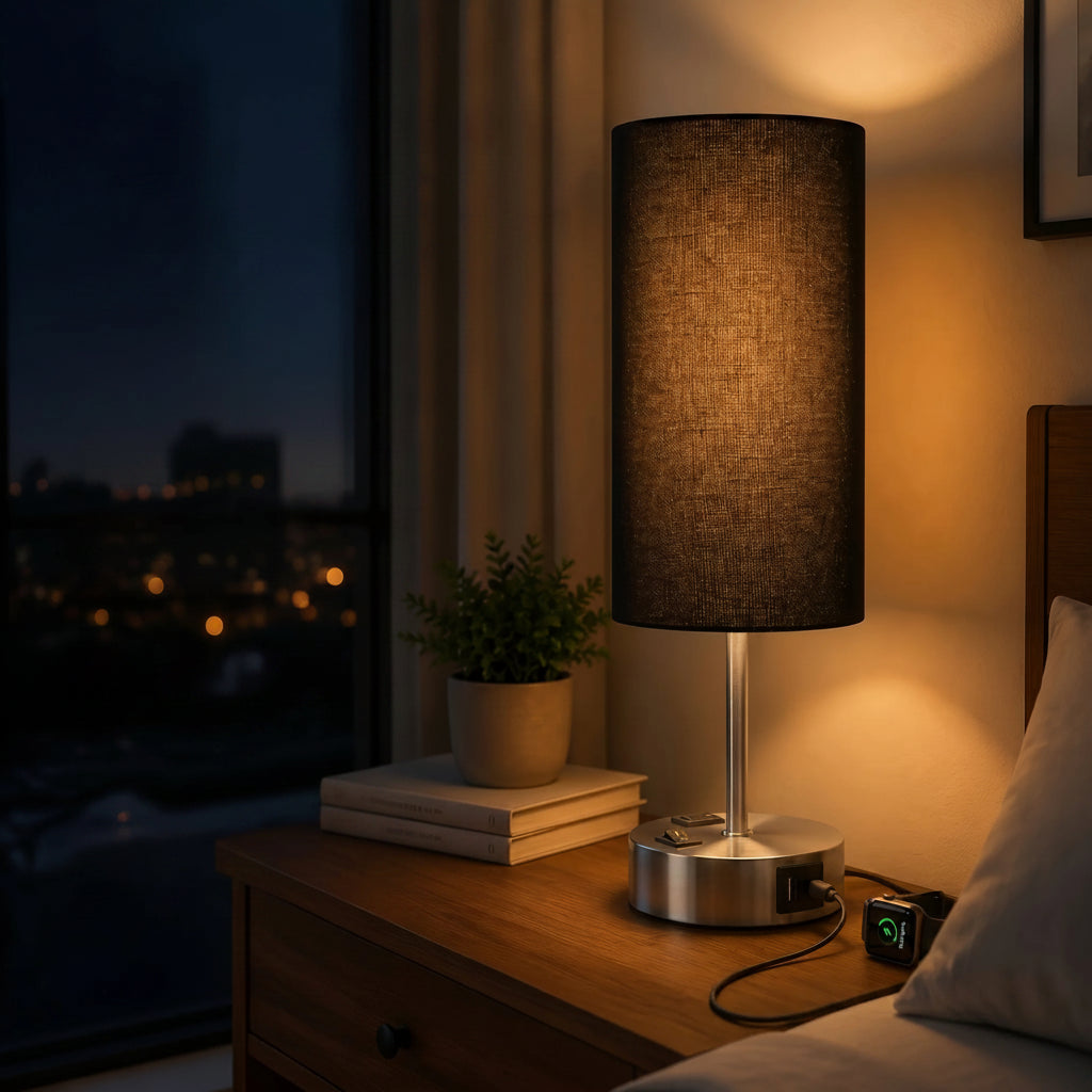 Dimmable LED Table Lamp with USB Charging Port and AC Outlet for Bedroom and Living Room