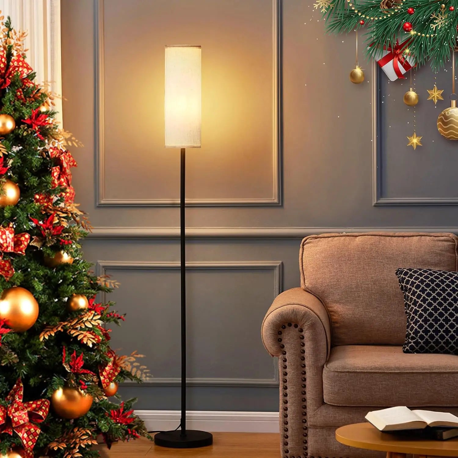 Modern LED Floor Lamp Stepless Dimmable Linen Shade Foot Switch Remote Control Standing Light for Bedroom Living Room Office