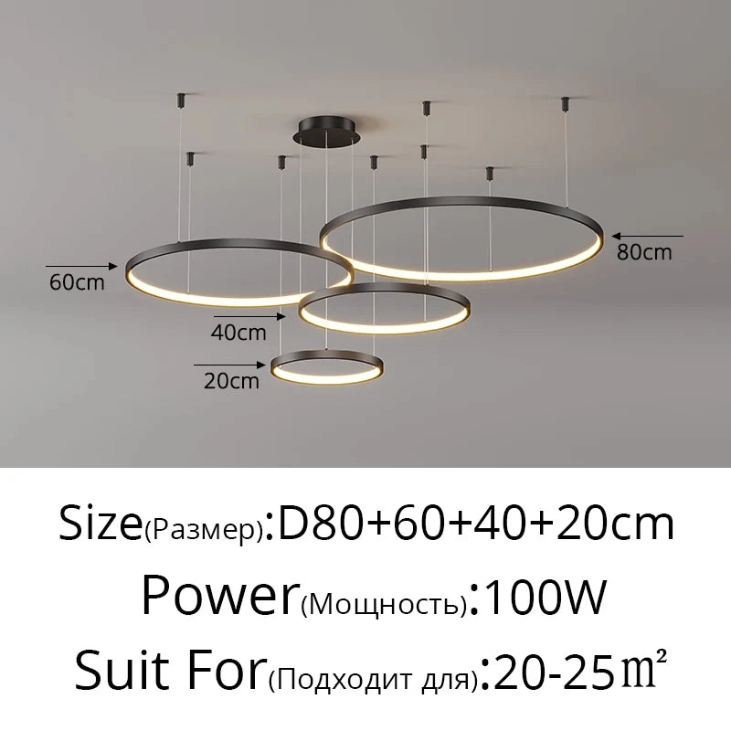 Black Rings Simple Style Modern Pendant Light Minimalist Chandelier Living Room Restaurant Dimmable Remote Lamp Home Decoration