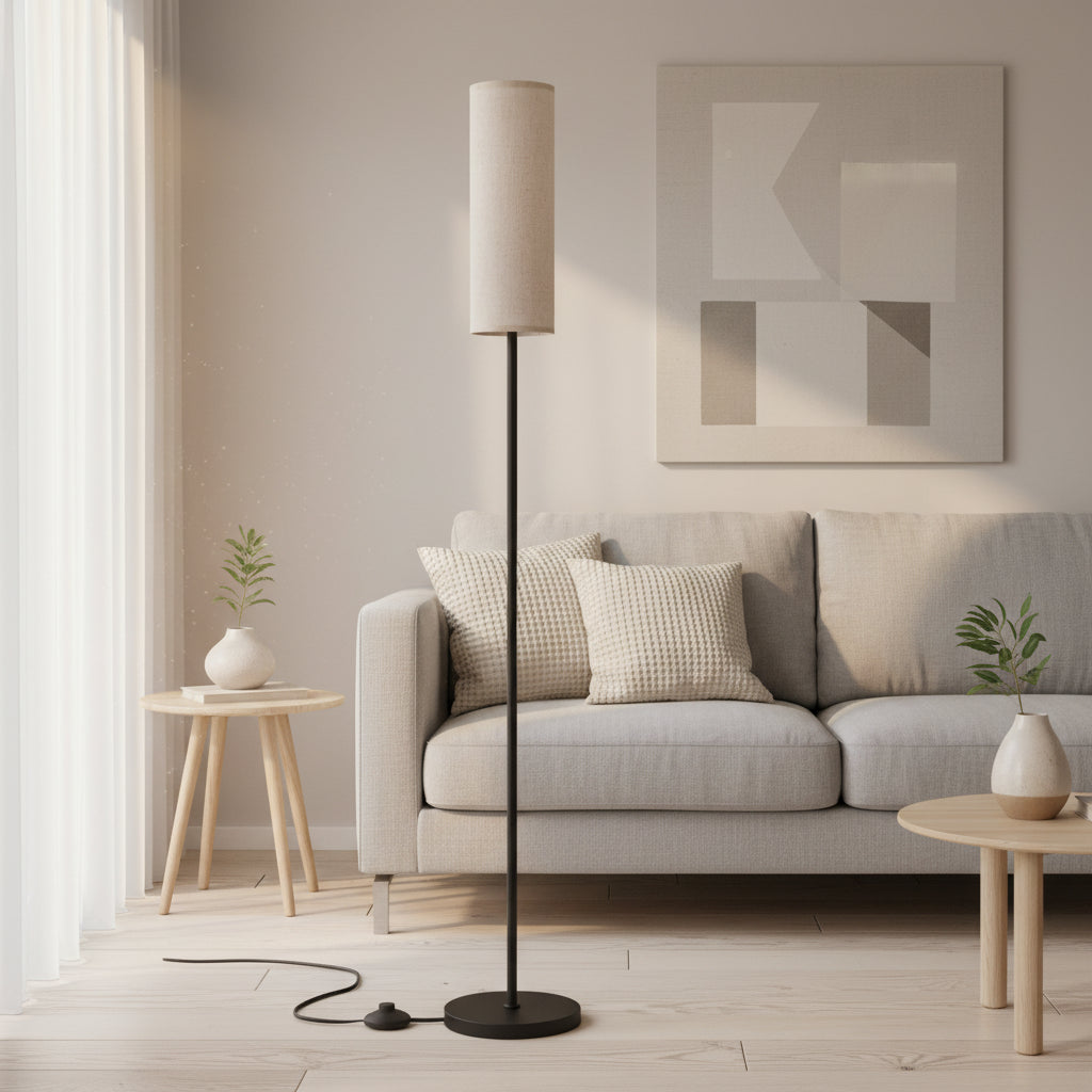 Modern LED Floor Lamp Stepless Dimmable Linen Shade Foot Switch Remote Control Standing Light for Bedroom Living Room Office