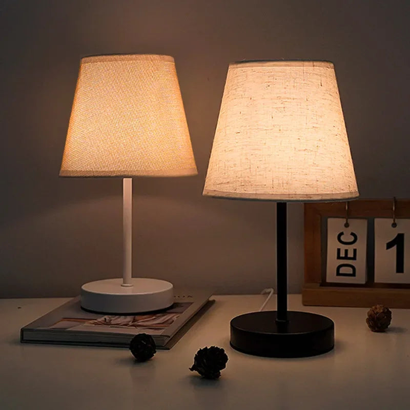 Fabric LED Desk Lamp USB Rechargeable Dimmable Wrought Iron Wood Base Bedside Night Light for Bedroom Study Dormitory