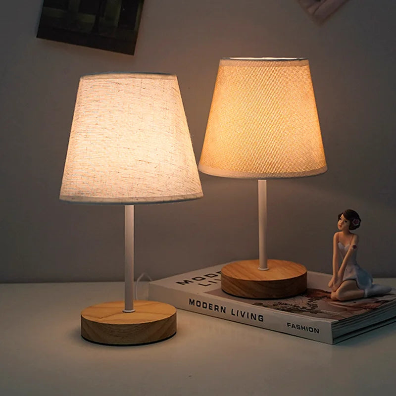 Fabric LED Desk Lamp USB Rechargeable Dimmable Wrought Iron Wood Base Bedside Night Light for Bedroom Study Dormitory