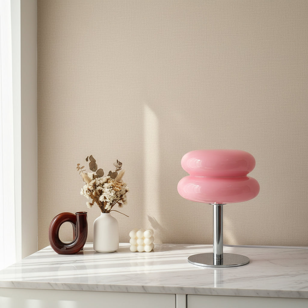 Macaron Glass LED Table Lamp with Trichromatic Dimming for Bedroom and Living Room