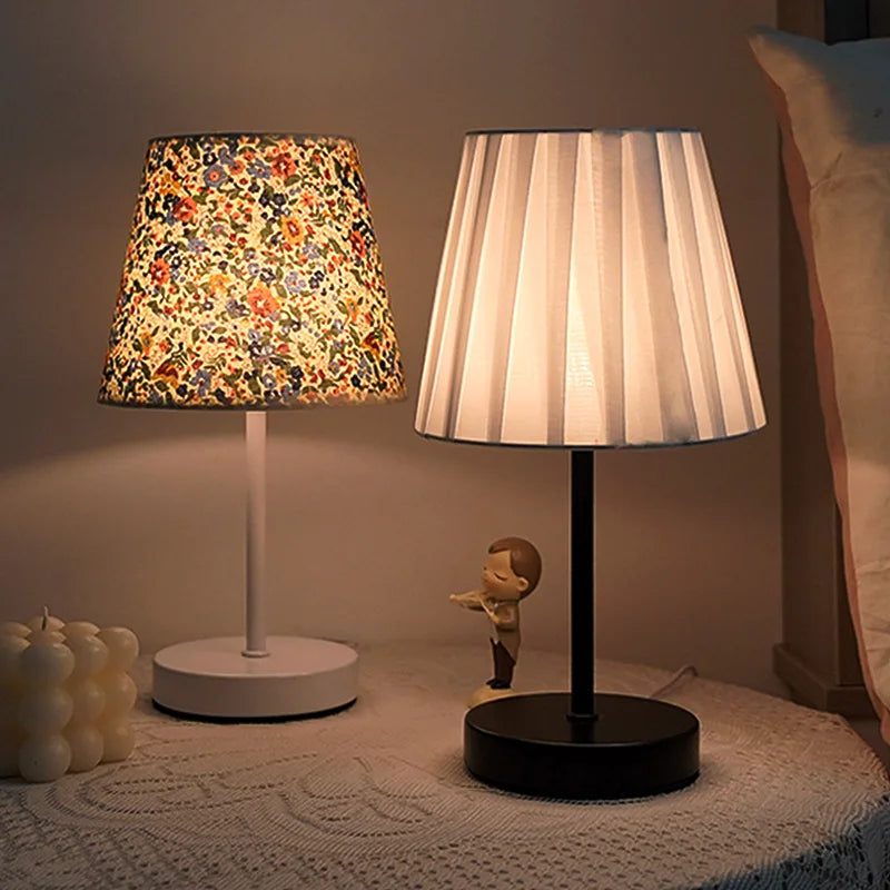 Fabric LED Desk Lamp USB Rechargeable Dimmable Wrought Iron Wood Base Bedside Night Light for Bedroom Study Dormitory