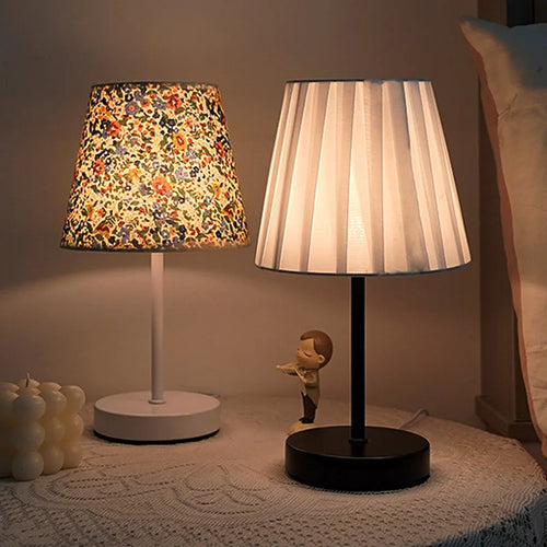Fabric LED Desk Lamp USB Rechargeable Dimmable Wrought Iron Wood Base Bedside Night Light for Bedroom Study Dormitory